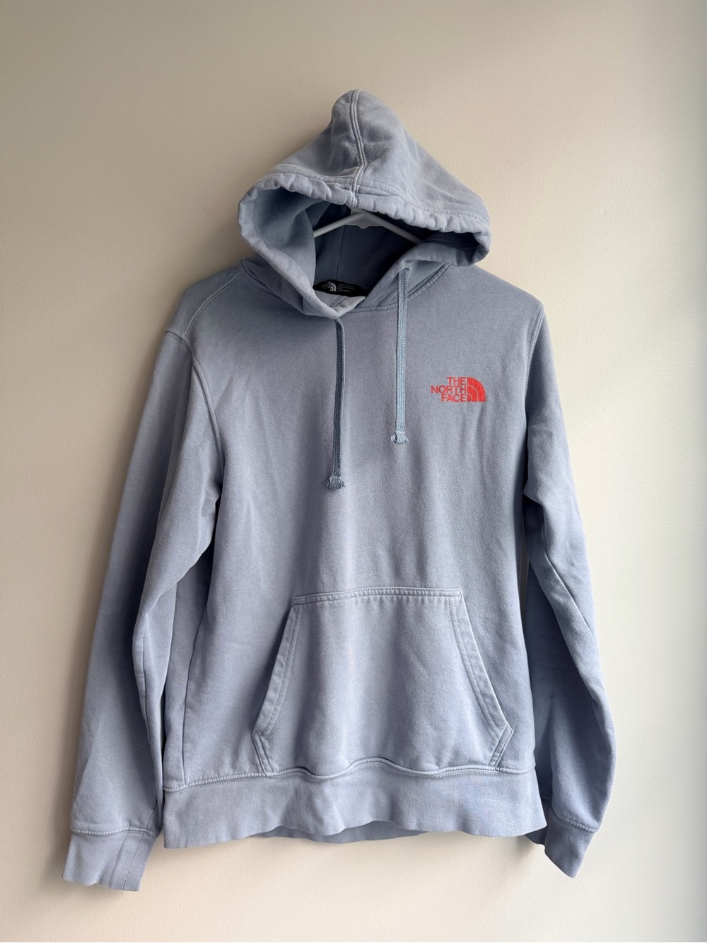 The North Face Men's Pale Blue Pullover Hoodie with Red Logo